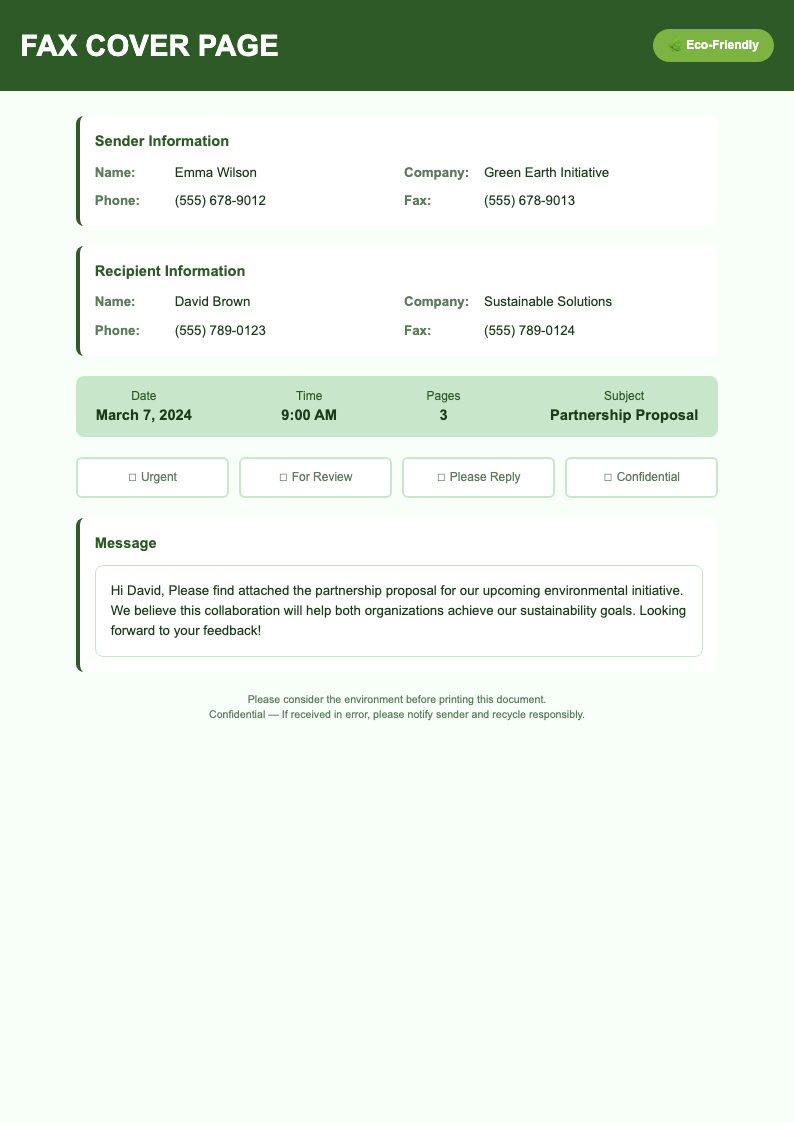 Green eco friendly fax cover page